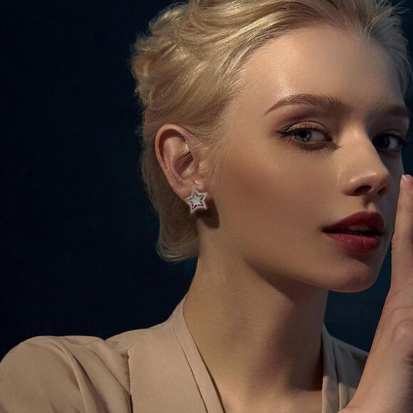 Sterling Silver Star Earrings for Women with Cubic Zirconia - Hypoallergenic, Da - Picture 6 of 7